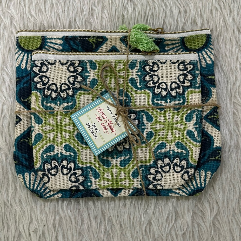 Two’s company Santa Maria Del Mar set of 2 jute pouches make up bags new